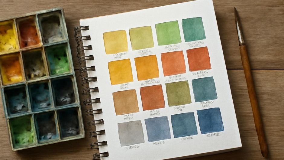 Watercolour swatches arranged in seasonal groups on a sketchbook