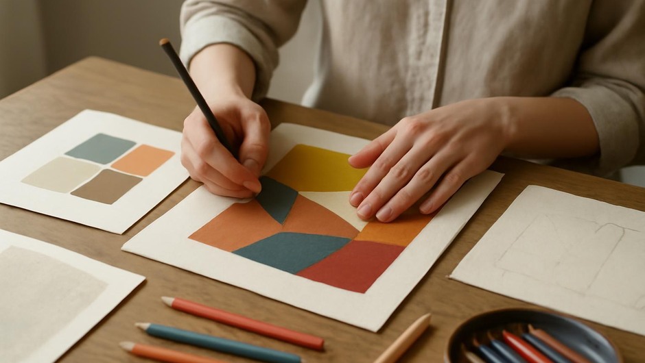 Bright studio image with paint textures, paper layers, and geometric color blocks.